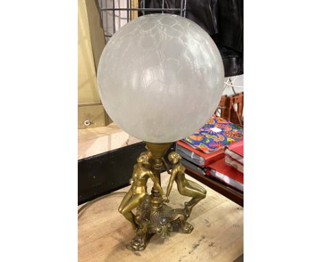 BRASS ART DECO STYLE TABLE LAMP ON STONE BASE 47CMS (H) APPROX