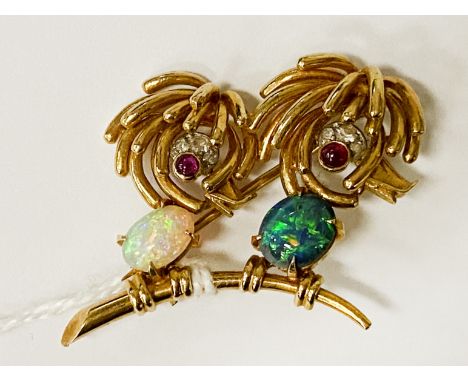 18CT GOLD DIAMOND RUBY &amp; OPAL BROOCH - APPROX 11.22 GRAMS TOTAL