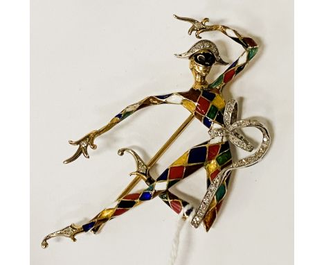 18CT GOLD ENAMEL &amp; DIAMOND ENCRUSTED PIERO BROOCH - APPROX 16.91 GRAMS
