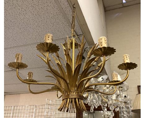 GILT METAL WHEATSHEAF 1970'S FRENCH 8 BRANCH CHANDELIER