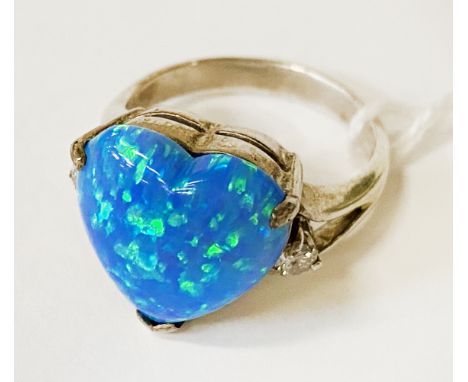 SILVER DIAMOND &amp; OPAL RING - SIZE R