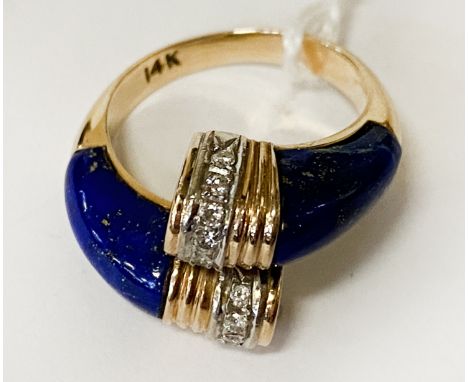 14CT GOLD DIAMOND &amp; LAPIS LAZULI DESIGNER RING - SIZE M - 7 GRAMS APPROX