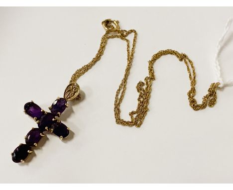 9CT GOLD AMETHYST CROSS &amp; CHAIN - TOTAL WEIGHT APPROX 3.03 GRAMS