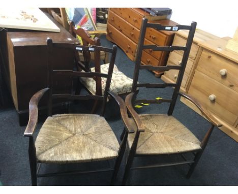 2 OAK COUNTRY LADDER BAG RUSH SEATED CARVER CHAIRS
