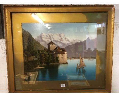 GILT FRAMED CHROMO LITHOGRAPH PRINT OF A MOUNTAIN LAKE SCENE, SOME WATER DAMAGE