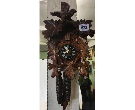 MODERN BLACK FOREST STYLE GERMAN CARVED CUCKOO CLOCK DEPICTING LEAVES &amp; A BIRD