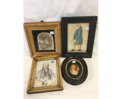 GROUP OF 4 SMALL PICTURES; A GEORGIAN HAND COLOURED CARICATURE OF A BEWIGGED GENTLEMAN, PORTRAIT OF A SEATED GENTLEMAN, AN AR