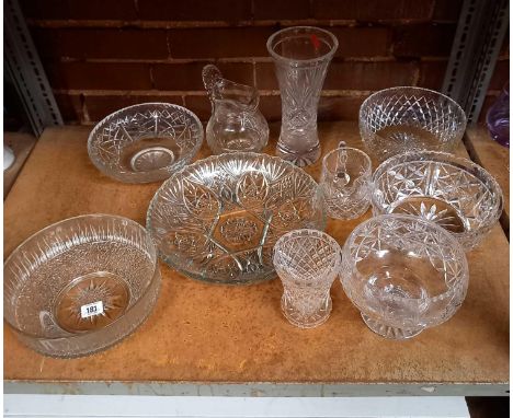 SHELF WITH VARIOUS GLASS BOWELS,VASES &amp; WATER JUG