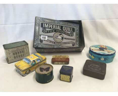 HOUSEHOLD STATIONARY TIN, YELLOW TAXI TIN, QUEEN'S DOLLS HOUSE MONEY BOX, VINTAGE JACOBS LEMON PUFFS TIN &amp; 4 OTHER TINS