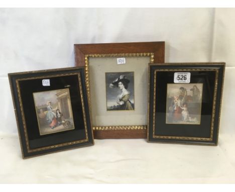 PAIR OF DECORATIVELY FRAMED OD COLOURED PRINTS OF CRIES OF LONDON, MATCHES &amp; FRESH GATHERED PEAS, TOGETHER WITH MINIATURE