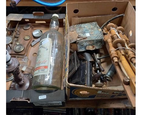 2 CARTONS OF WITH LARGE EMPTY WHISKY BOTTLE, POSTAL SCALES WITH SOME WEIGHT, GREASE GUNS, VINTAGE LOOM &amp;  A PAIR OF VINTA