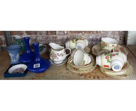 SHELF WITH PART COLCLOUGH CUPS &amp; SAUCERS &amp; OTHER CHINAWARE