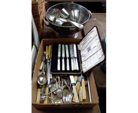 CARTON WITH MISC KNIVES, FORKS, SPOONS, BOXED SET OF BUTTER KNIVES WITH M.O.P HANDLES, PLATED LADLE &amp; BALL WITH 5 PEWTER 