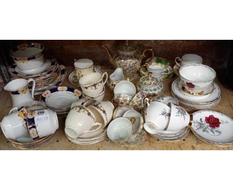 SHELF WITH PART SETS OF TEAPOTS, SAUCERS &amp; PLATES BY ROYAL STAFFORD, ROYAL VALE &amp; WOOD &amp; SONS