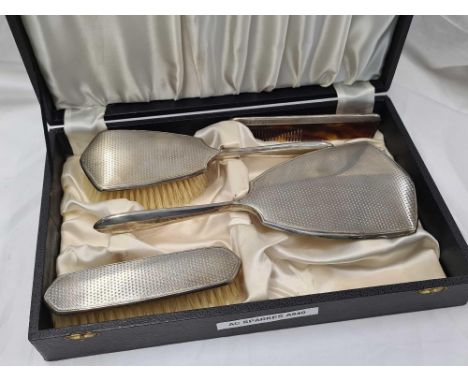 4 PIECE CASED SILVER BACKED HAIR BRUSH &amp; COMB SET