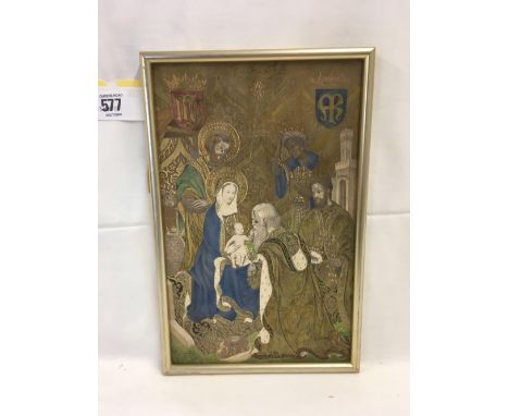 WATERCOLOUR OF THE ADORATION OF THE MAGI, PROBABLY WITH A PRINT BASE