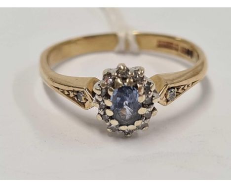 A GOOD SAPPHIRE &amp; DIAMOND CLUSTER RING SET IN 9ct, SIZE 'M'