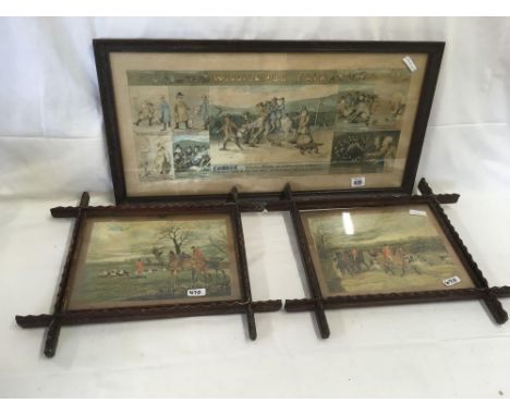 2 OAK FRAMED HUNTING PRINTS &amp; FRAMED PRINT OF WIDDICOMBE FAIR DATED 1921