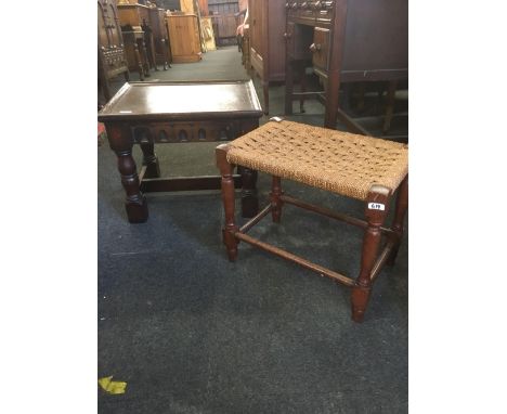 SMALL OAK COFFEE TABLE WITH TURNED LEGS &amp; VINTAGE OAK STRUNG STOOL WITH TURNED LEGS