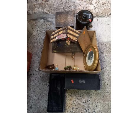 SHELF WITH BLACK METAL DOCUMENT BOX, MODERN INLAID CASKET, TRAY, BISCUIT BARREL &amp; 2 CARTONS OF BRIC-A-BRAC INCL; SMALL PO