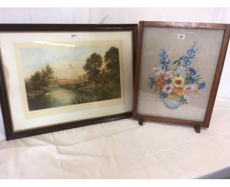 OAK FRAMED &amp; EMBROIDERED FIRE SCREEN &amp; OAK FRAMED LANDSCAPE PRINT TITLES ''SEPTEMBER EVE''