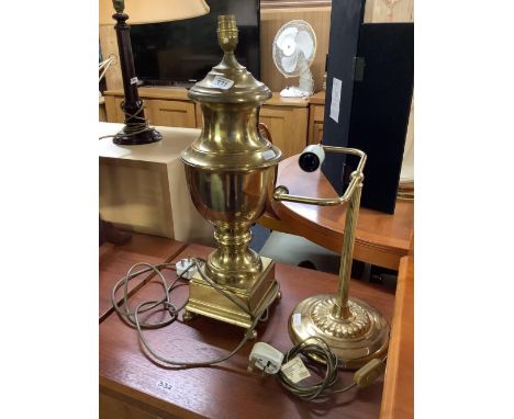 LARGE BRASS URN SHAPED TABLE LAMP, NO SHADE &amp; ANOTHER BRASS TABLE LAMP, NO SHADE