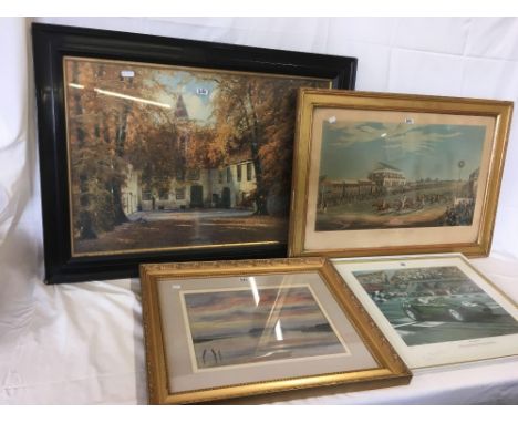 LARGE F/G PAINTING OF HOUSE IN TREES, VINTAGE PRINT OF EPSOM RACES,LIMITED EDITION PRINT OF BRITISH GRANDPRIX SIGNED BY ARTIS