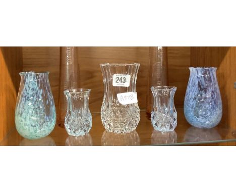 SHELF OF 7 SMALL CUT GLASS VASES ETC