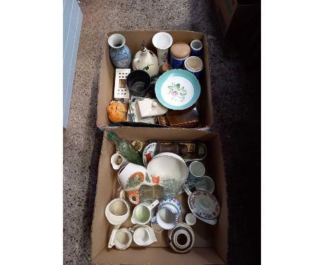 2 CARTONS OF MISC CHINAWARE, INCL; JUGS, VASES CUPS &amp; SAUCERS, CHEESE DISH