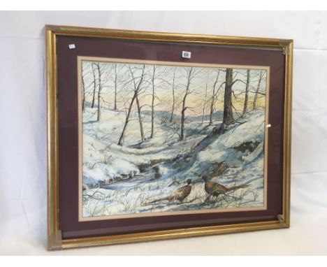 F/G WATERCOLOUR OF WINTER SCENE WITH 2 PHEASANTS SIGNED M McLEAN 1988
