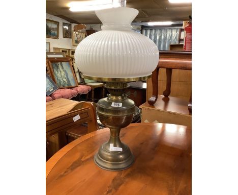 VINTAGE BRASS OIL LAMP WITH CHIMNEY &amp; OPAQUE RIBBED SHADE