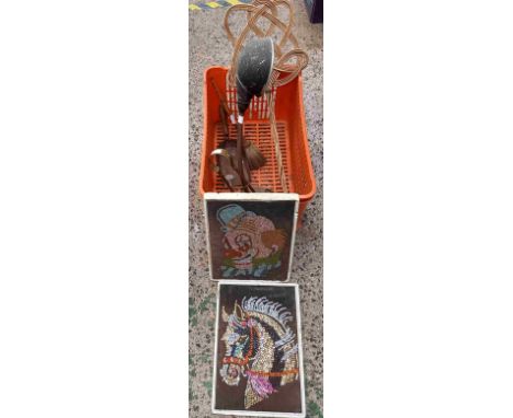 CRATE CONTAINING WICKER CARPET BEATER, SEQUINNED PICTURES, BRASS DUST SCOOP &amp; BRUSH, COAL TONGS, VINTAGE TABLE LAMP, NO W