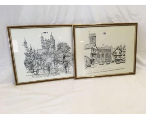2 FRAMED PEN &amp; INK STYLE PRINTS BY R DOWNER OF EXETER CATHEDRAL &amp; STEPCOTE HILL