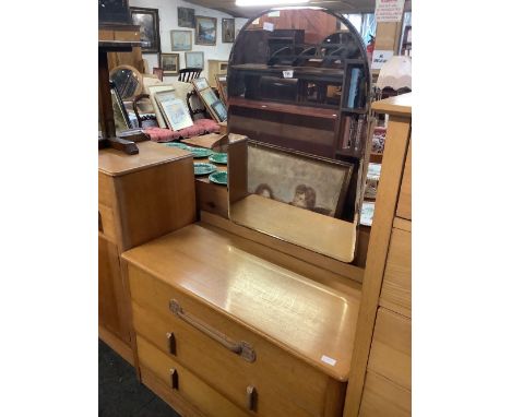 LIGHT OAK DRESSING TABLE WITH 3 DRAWERS &amp; ARCHED BEVELLED EDGE MIRROR &amp; MATCHING TALL BOY, 28'' WIDE