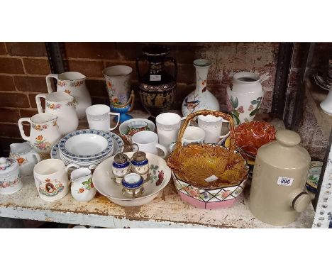 SHELF WITH GRADUATED SET OF BOVEY POTTERY, BOTANIC GARDEN VASES, MUGS, GLASS CAKES, CAKE BASKET &amp; STONEWARE BOTTLES