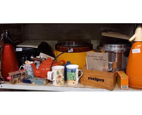 SHELF OF MISC KITCHENWARE INCL; PRESSURE COOKER, A TOWER 2.5ltr FRYER, A SLOW COOKER &amp; SODA SYPHON'S