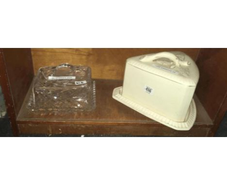 VINTAGE POTTERY CHEESE DISH WITH LID &amp; ANOTHER IN GLASS