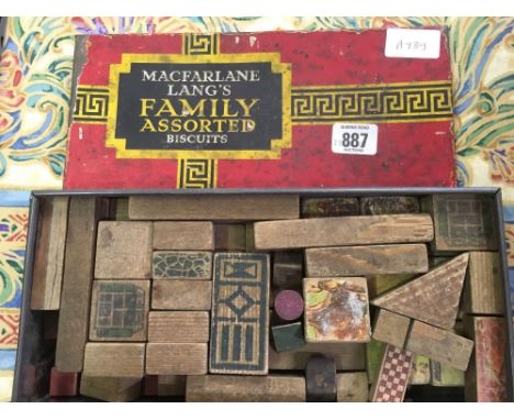 VINTAGE TIN WITH VINTAGE WOOD BUILDING BLOCKS