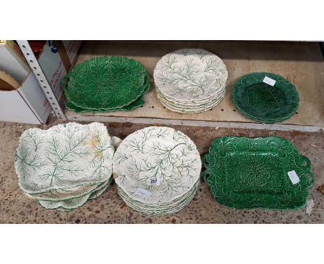 SHELF OF VARIOUS PLATES &amp; DISHES, DARK GREEN WITH LEAF DECORATION