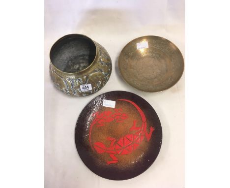 EASTERN BRASS JARDINIERE, EASTERN BRASS DISH &amp; AN ENAMEL WARE DISH