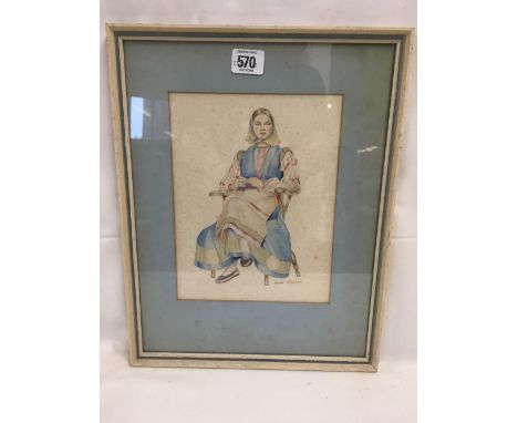 NESTA JARMAN A.R.M.S. A PORTRAIT OF A SEATED LADY ''KATRINA'' SIGNED WATERCOLOUR WITH VARIOUS LABELS TO THE REVERSE.
