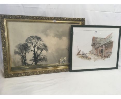 LARGE GILT FRAMED OIL ON BOARD OF A FARMER PLOUGHING &amp; LIMITED EDITION PRINT OF A FARMYARD 