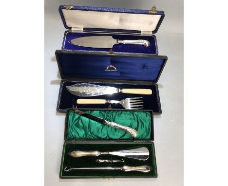 Collection of boxed Silver and silver plated items to include silver handled cheese knife and silver handled cake slice and s