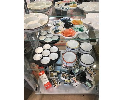Large collection of Chinese art / painting items to include ceramic palettes and mixing pots and a collection of paint 
