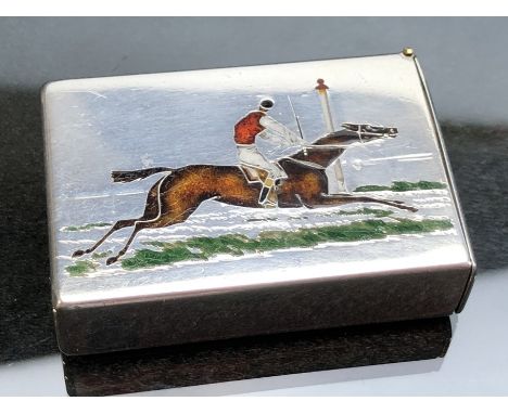 Victorian silver vesta case with enamel race horse passing the finishing post, London 1886, by Thomas Johnson, approx 5cm x 3