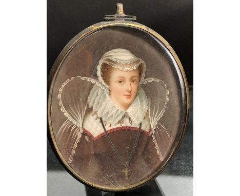 Hand painted miniature of a young Mary Queen of Scots approx 9cm x 7.5cm in a brass frame with a blue enamel back