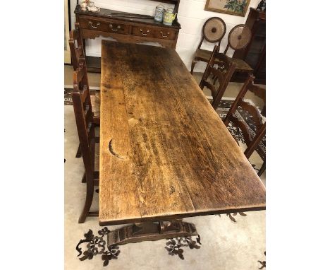 Oak refectory plank top dining table with four rush seated oak ladder back chairs, table approx 183cm x 73cm x 77cm tall