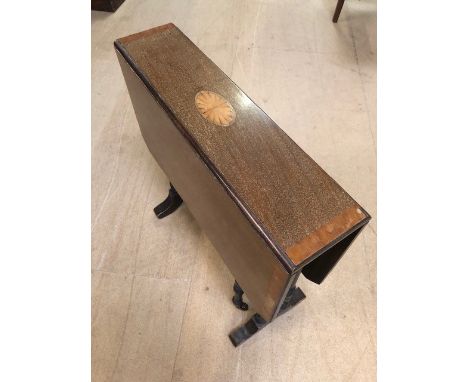 Inlaid drop leaf sofa table on turned legs with castors, approx 67cm x 54cm x 56cm tall