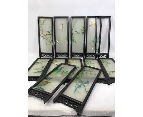 Collection of hand painted Chinese glass screens depicting birds in pierced wooden frames, possible part of lanterns, each ap