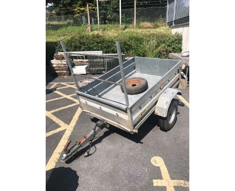 Aluminium car trailer by Noval with electrics and spare tire, load area approx 100cm x 155cm